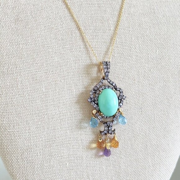 14k Yellow Gold Turquoise Multi Gemstone Chandelier Pendant Chain Necklace 18" - Picture 3 of 16